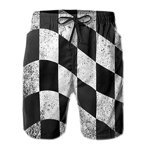 Mens Checkered Flag Drawstring Casual Summer Beach Shorts