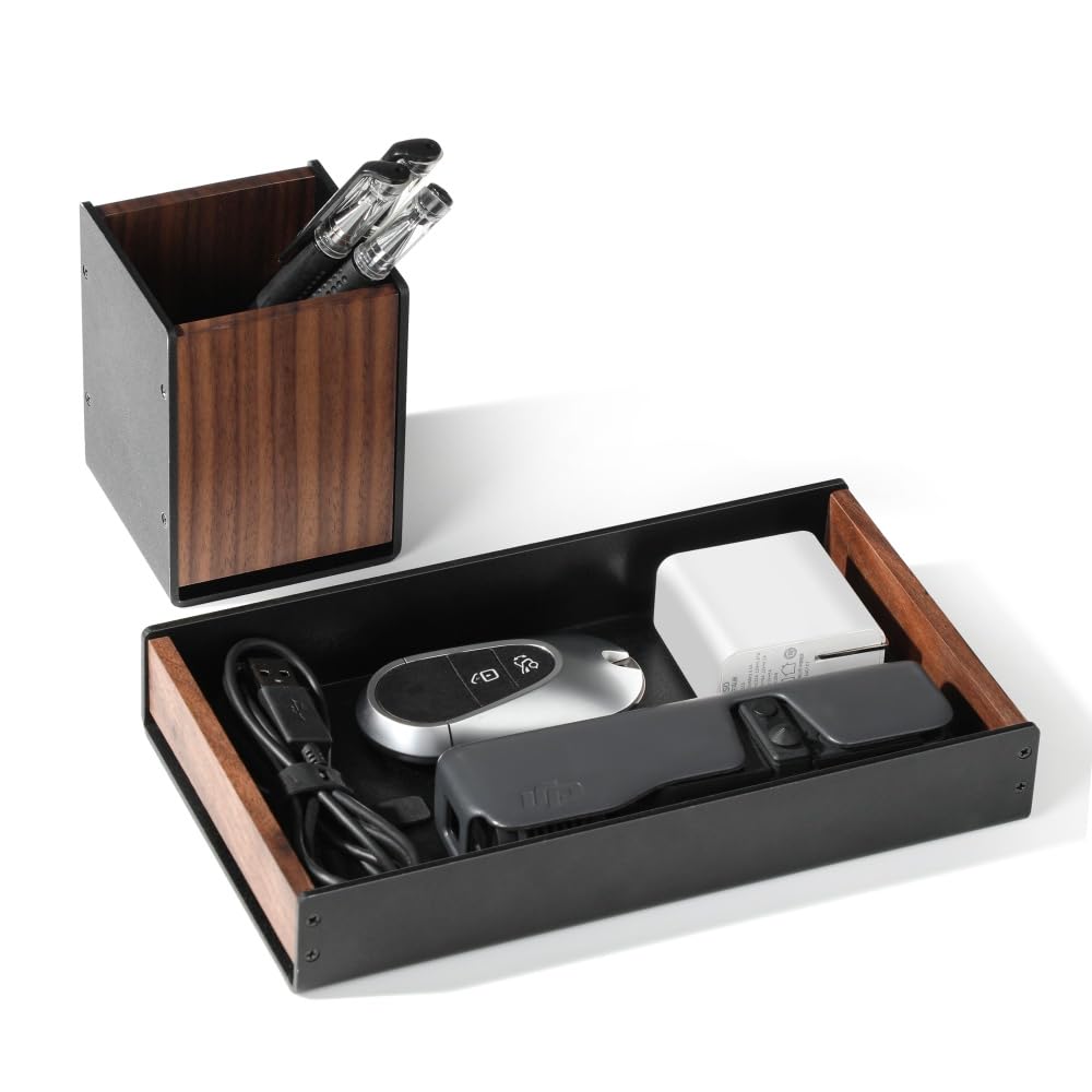Yigeitopli Brown Walnut Desk Drawer Storage Tray With Pen Holder, Wooden Desktop Organizer For Small Office Accessories, Scissors, Keys, Stationery