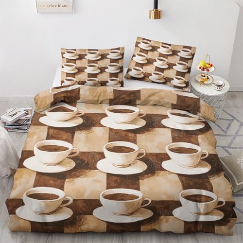 Coffee Cup Bedding Double Duvet Cover Set Brown Plaid Check, 3 Piece for Bedroom Deocr, Soft Microfiber Reversible Bed Quilt Covers, 2 Pillow Cases, Zip Fastening