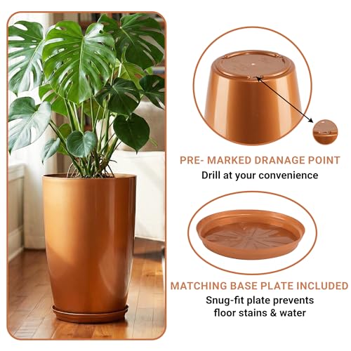 Image of Heart Home 2 Pcs Big Planters /Vase with Saucer for Home Decor | 18 Inch Large Outdoor & Indoor Flower Pot /Drainage Hole /Lightweight /Plant Container | Copper