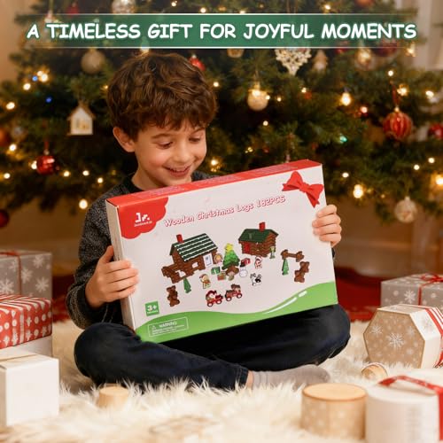 Image of SainSmart Jr. Wooden Logs Set 182 Pcs Building House Toy for Toddlers with Christmas Tree Logs, Classical STEM Construction Kit Compatible with Lincoln Logs for 3+ Kids