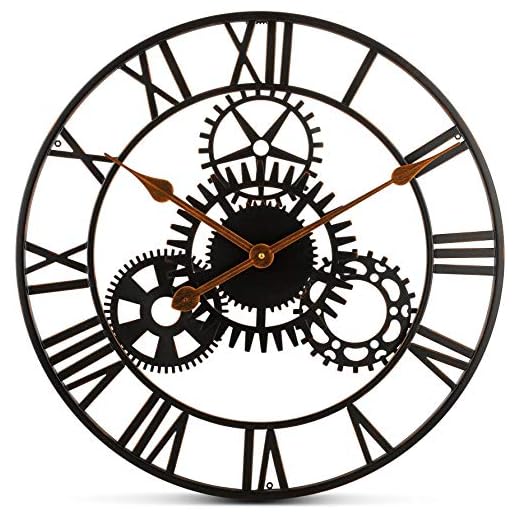 Bernhard Products Extra Large Wall Clock 20 Inch Decorative Wrought Iron, Silent Quartz Industrial Gears Black Rustic Metal Roman Numeral European Steampunk Cog Vintage Distressed Details, Battery