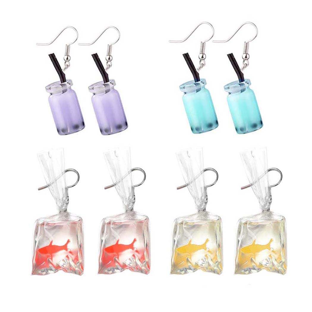 4 Pairs Goldfish Water Bag Dangle Earrings Cute Weird Cartoon Resin Bubble Boba Tea Cup Drop Earrings Punk 3D Eye-Catching Drink Cup Hook Earring for Women Girl Funny Jewelry Creative Gift