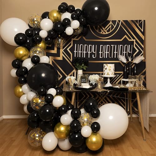 Image of PartyWoo Black Gold and White Balloons, 140 pcs Black White and Metallic Gold Balloons Different Sizes Pack of 18 Inch 12 Inch 10 Inch 5 Inch for Balloon Garland or Arch as Birthday Party Decorations