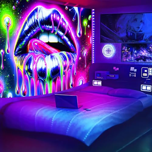 Image of BlissYard Neon Geometric Dripping Lips Tapestry 78x59 Inch - Blacklight UV Reactive Psychedelic Wall Hanging for Bedroom Living Room Party & Festival Decor