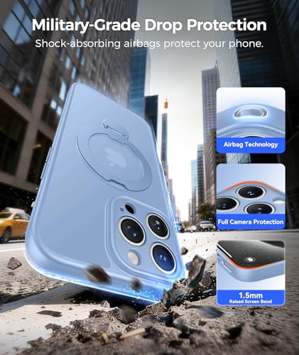 Image of FNTCASE for iPhone 15 Pro-Max Case: [360 Spin Magnetic Stand] [Compatible with Magsafe] [Screen Protector] Translucent Matte Military Grade Shockproof Full Camera Protective Phone Cover - Light Blue