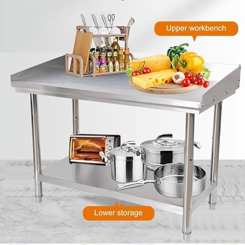 Tavolo da Lavoro Professionale in Acciaio Inox con Portata di 300 kg, banco da Lavoro Robusto con alzatina e ripiano Inferiore Regolabile per cucine, ristoranti e Servizi di Catering.