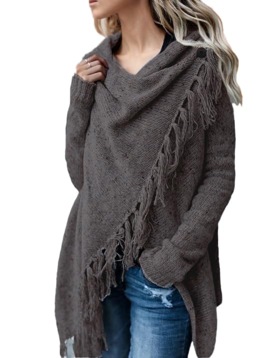 Image of Women's Open Front Knited Tassels Slash Loose Cardigan Crew Neck Speckled Fringe Sweater Outwear