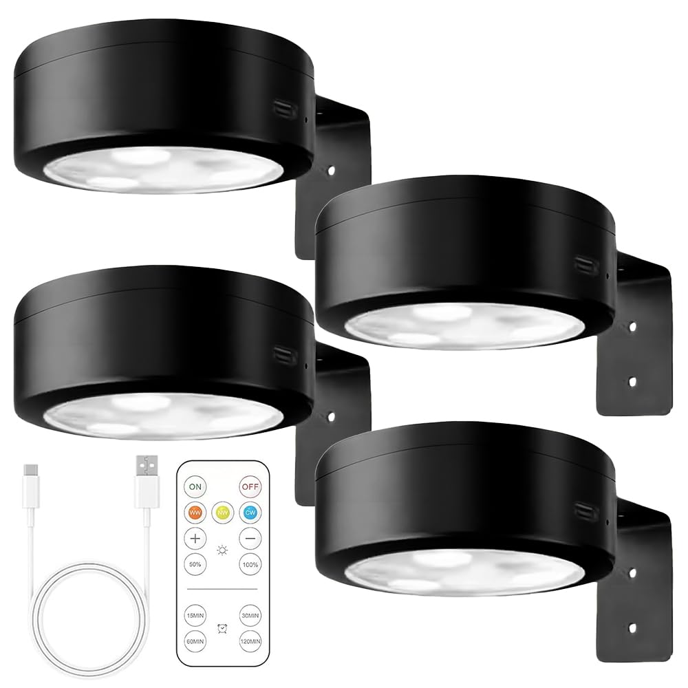 JOAASU 4 Pack Picture Lights for Wall, Magnetic Wall Lights, Wireless Frame Light, Rechargeable Cordless Art Light with Remote Control, 3 Color Temps, LED Puck Light for Painting Frame (Black×4)