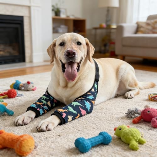 Image of Dogs Knee Protector Pad for Calluses Knee Brace Front Elbow Support Wrap Pet Sleeves for Wounds Dog Elbow Callus Treatment for Medium Large Dogs with Scarf(Large Colorful Dinosaur)