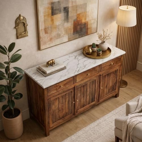 Image of Solid Wood Madrid 3 Door Sideboard Cabinet | Sintered Stone Top Sideboard for Living Room | Finish- Dark Teak