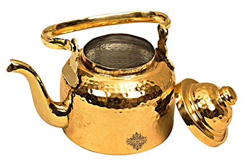 INDIAN ART VILLA Hammered Designer Brass Tea Kettle Pot Inside Tin Lining, Serving Tea Coffee, Tableware, 1300ml Gold - Image 2