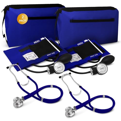 Image of Blood Pressure Monitor and Sprague Stethoscope Kit - 2-Pack, Adult Aneroid Sphygmomanometer with Dual-Head Stethoscope, Adjustable BP Cuff, Carrying Case & Accessories - Royal Blue