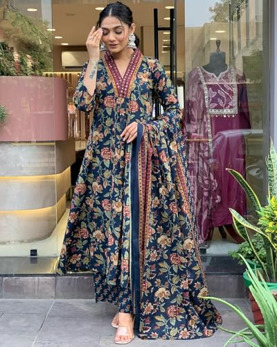Image of GoSriKi Women's Rayon Viscose Anarkali Printed Kurta with Palazzo & Dupatta