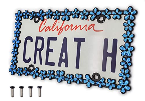 Creathome 3D Shining Daisy Wrenth License Plate Frame from Pure Zinc Alloy Metal Perfect Plate Holder,Matt Black with Blue Glitter