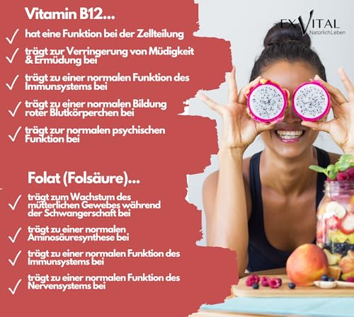 Vitamin B12 Spray, 500µg Vitamin B12 + 100µg Folsäure pro Sprühstoß, bioaktive Quatrefolic® Folsäure, laborgeprüft und hergestellt in DE, 100% vegan & für die vegane Lebensweise