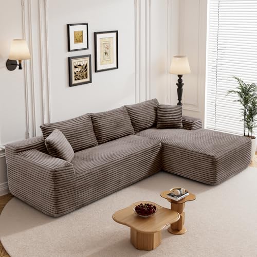 Image of 95 inch L Shaped Boneless Sectional Couches, Wide Armrest, Deep Seat, Memory Foam, Assembly Free, Modern Comfy Corduroy Fluffy Cloud Sofa with Right Chaise for Living Room, Small Spaces, Brown