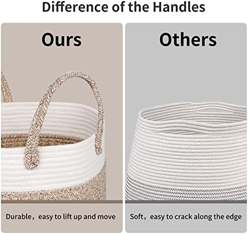 sprecenk Tall Cotton Rope Storage Basket for Kids Toys, Large Woven Laundry Basket with Handle for Clothes Towel Baby Blanket, 40 x 35 x 35CM, White+Brown