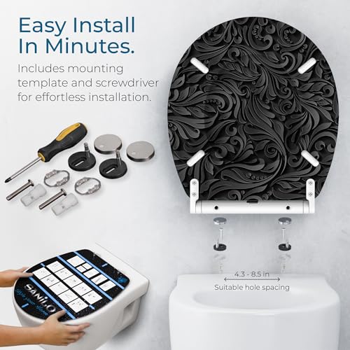 Image of Sanilo Wooden Toilet Seat with Quick Release & Soft Close [ROUND] - Decorative & Slow Close Molded Wood Seat - With One Click for Easy Installation & Cleaning - With Adjustable Fit (Floral)