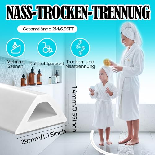 KWJEIULSOQ 200cm Schwallschutzleiste Dusche, Silikon Selbstklebender Schwallschutzleiste, Wasserstopper Dusche Nass- und Trockentrennung für Küche Toilette Duschabtrennung (Weiß)
