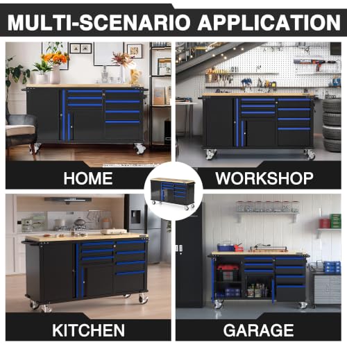 Image of WORKPRO 62 inch x 20 inch Rolling Tool Chest, 7-Drawer & 2-Door, Blue & Black