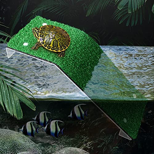 Holzsammlung Tortue Plateforme, Rampe de Tortue Plateforme de Dock Décor de Terrarium Échelle d'herbe Réaliste, Aquarium Ornements Décor pour Petits Animaux Bain de Soleil Jeu de Repos, 46 x 15 cm