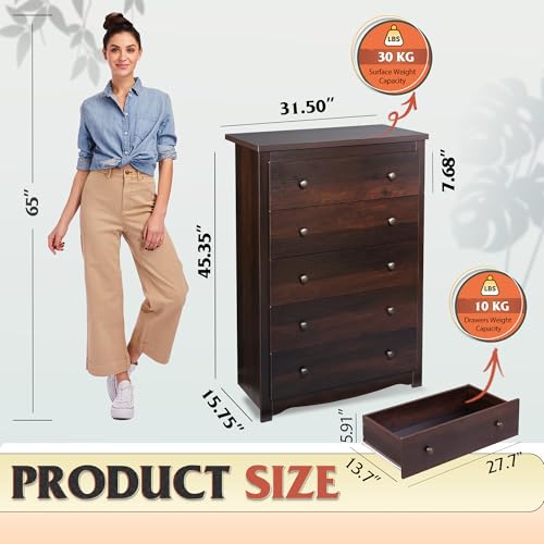 WLIVE Wood Dresser with 5 Drawers, Rustic Brown Wooden Storage Cabinet for Bedroom, Modern Organizer Drawers and Closet Dresser for Living Room, Hallway, Measuring 15.75" W*31.50" D*45.35" H