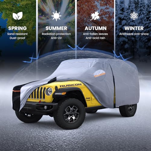 Image of Multi-Layer Car Cover Custom Fit for Jeep Wrangler 2 Door CJ YJ JK JL(1987-2026), 100% Waterproof All Weather for Automobiles, Gift with Towel, Heavy Duty Car Covers for Rain Sun UV Protection.