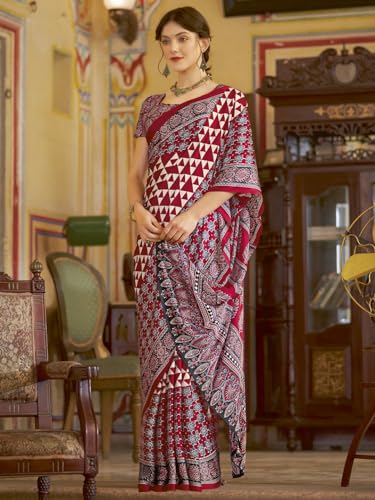 Image of SAREE MALL Women's Ajrkh Print Satin Crepe Polka Dot Printed Saree With Unstitched Blouse Piece
