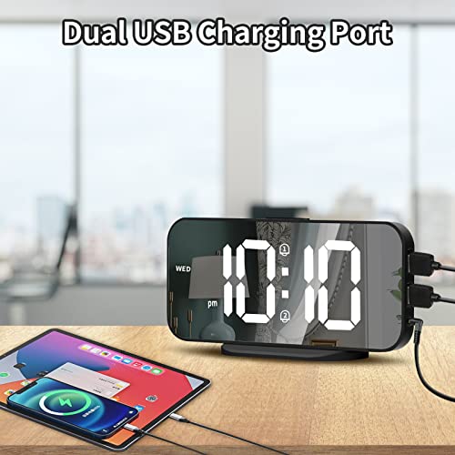 Alanas Digital Alarm Clock With Dual Alarms, Mirror Led Bedroom Clocks With Big Number, Adjustable Brightness, Snooze, 2 Usb Ports For Cellphone Charging, 12/24 Hour Switch. #TOP2