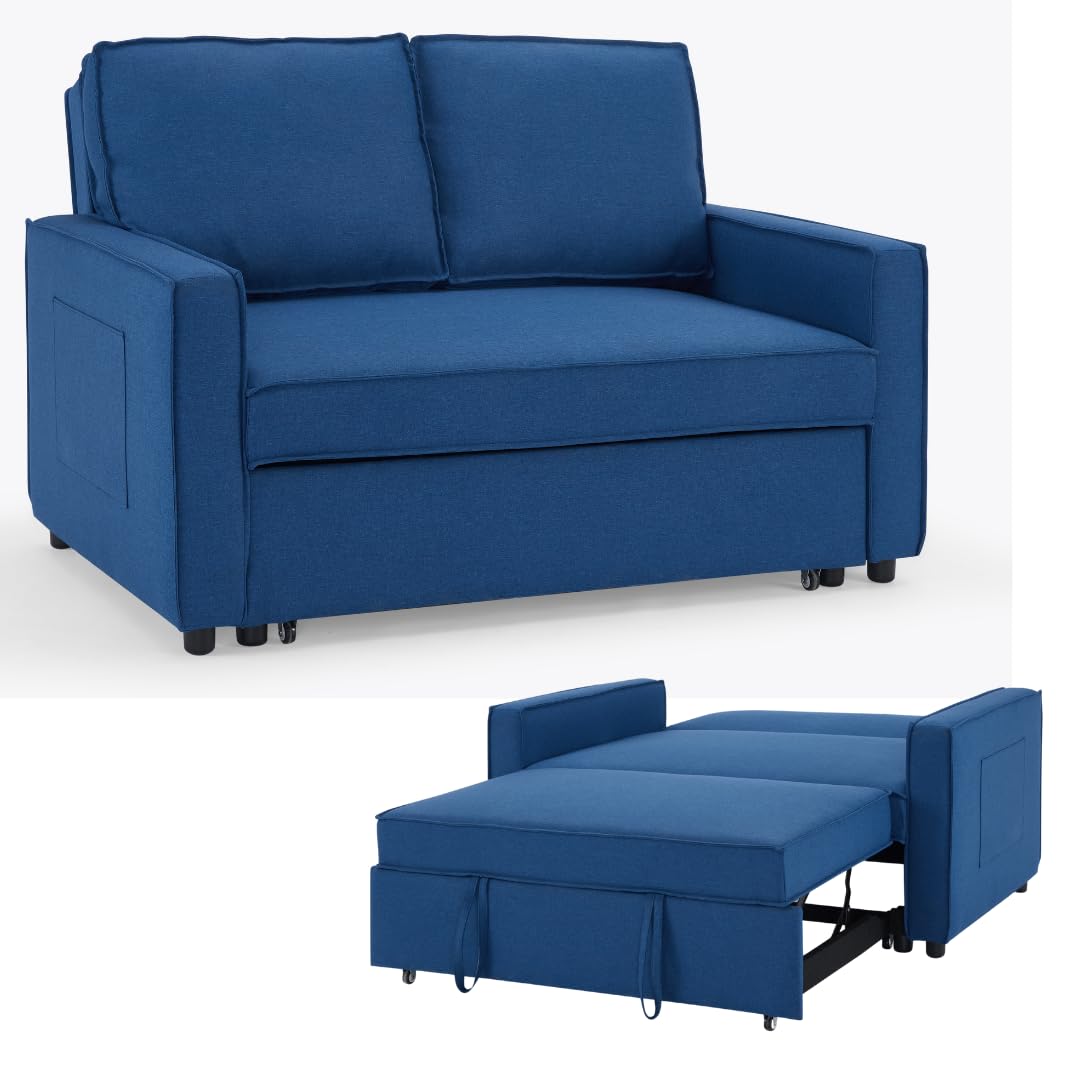 Pull Out Sofa Bed Two Seater SofaBed Upholstered Settee in Linen Fabric Grey or Blue (Blue Linen)