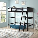 Loft Bed with Ladder, Rockjame Solid Wood Bed Frame Twin Size, Not Take Up Space, Unique and Novel Shape, Suitable for Decoration of Various Rooms (Espresso)