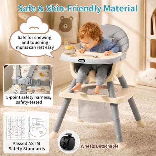 Image of 9-in-1 Convertible Baby High Chair for 6 Months to 8 Years, Grow-with-Me Highchair for Toddlers and Infants with 5-Point Safety Harness, Lockable Wheels, Adjustable Removable Tray, BPA-Free (Grey)