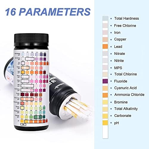 16 in 1 Drinking Water Test Strips, 100 PCS Water Test Kit for Drinking Water, Well Water and Tap Water, Water Quality Testing for Lead, Iron, pH, Hardness, Bromine, Nitrate & More