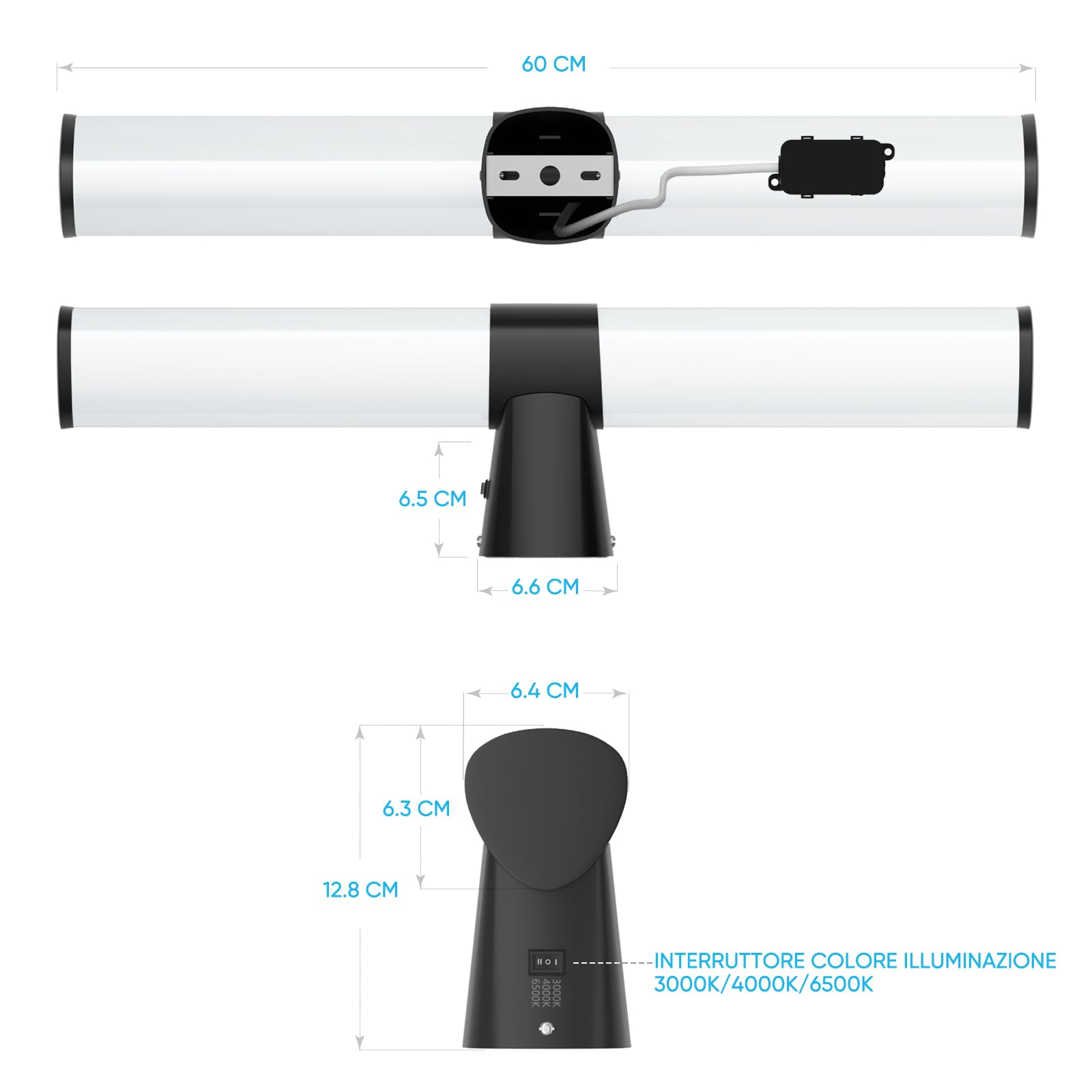 15W Luce Applique da Parete LED per Specchio Bagno, 60CM Lampada da Nero Opaco Moderna, Alta Luminosità 1500Lm Non Dimmerabile, IP44 Impermeabile, 230V, 3 Colori di Illuminazione