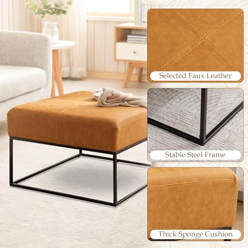 Image of Modern Square Coffee Table, Farmhouse Ottoman for Living Room, Large Vintage Leather Coffee Tables with Faux Leather Upholstered Padded Seat [Square, Vintage Brown, 30'']