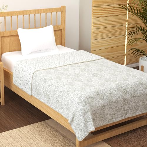 Image of Story@Home AC Comforter Single Bed Cotton 100% | 150GSM 144 X 220 CM Quilt AC Blanket for Summer | Dohar Single Bed |Ivory & White, Leaves & Abstract Reversible Design Duvet | All-Season Blanket