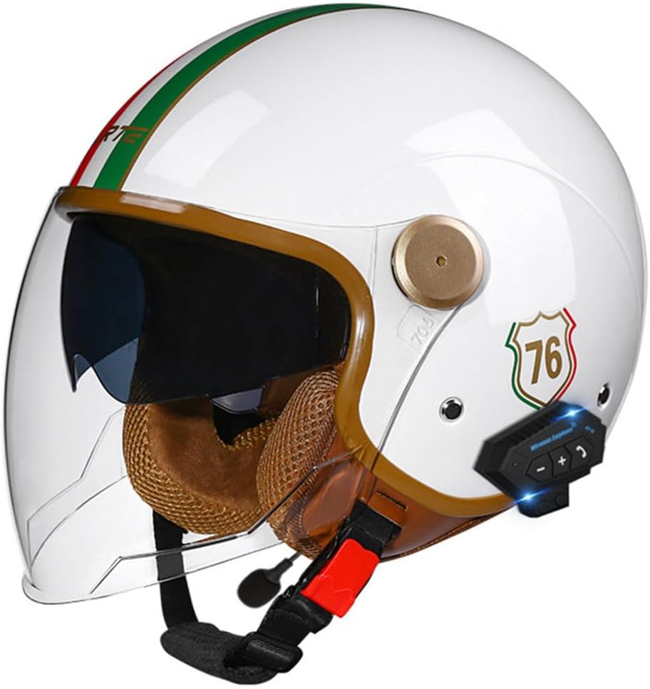 3/4 Bluetooth Retro Open Face Motorcycle Helmet, DOT/ECE Approved Motorbike Half Helmet, Adult Unisex Vintage Vespa Helmet with Dual Visors, Four Seasons Fashion Moped Jet Pilot Helmet