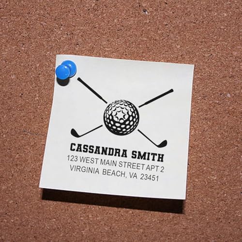 Image of Self Inking Rubber Stamp Golf Crossed Clubs - Self Inking Address Stamp | Golf Address Stamp. Custom Made Self Ink Stamp. Choice of 11 ink colors. Engraved after you order. 1-5 /8 inch square imprint.