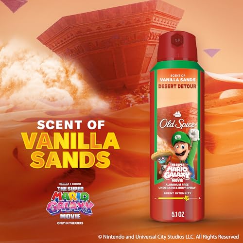 Image of Old Spice Aluminum Free Body Spray for Men, Old Spice x The Super Mario Galaxy Movie, 24 /7 Lasting Freshness, Lasting Odor Protection, Smell Super with Desert Detour, Vanilla Sands Scent, 5.1 oz