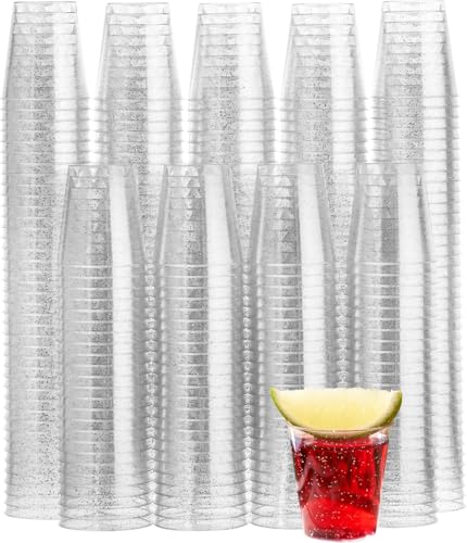 MATANA 150 Vasos de Chupito de Plástico Duro con Purpurina Plateada, 30ml - Resistentes y Reutilizables - Cumpleaños, Bodas, Despedidas de Soltera o Soltero, Barbacoas, Fiestas