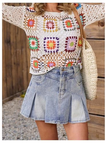 SHENHE Women's Floral Crochet Sweater Crewneck Hollow Out Knit Top Coverup Beach Sweater4