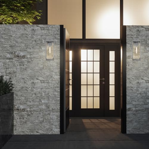 Image of Quoizel Westover Modern Wall Sconce, 20 Inch Stainless Steel 1-Light Outdoor Light Fixture, Clear Beveled Glass Wall Lantern, 150 W, Industrial Design Wall Light for Porch, Patio, Gazebo or Yard