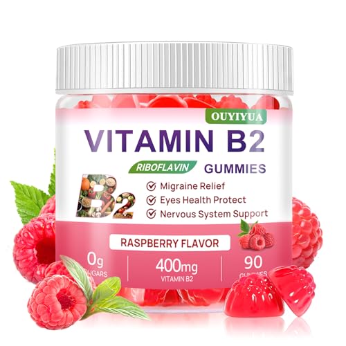 Vitamin B2 Gummies Riboflavin 400mg Supplement with Magnesium for Kids & Adults B2 Gummies for Migraine Relief Headache Relief & Nervous System Support Vegan Sugar-Free Raspberry Flavor 90 Count
