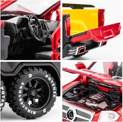 Image of 1:28 Pickup X-Class Model Car Diecast Zinc Alloy Pull Back Toy with Sound & Light Realistic Design Durable Kids Toy for Boys & Girls Collectible Gift 3+ Years (Red)