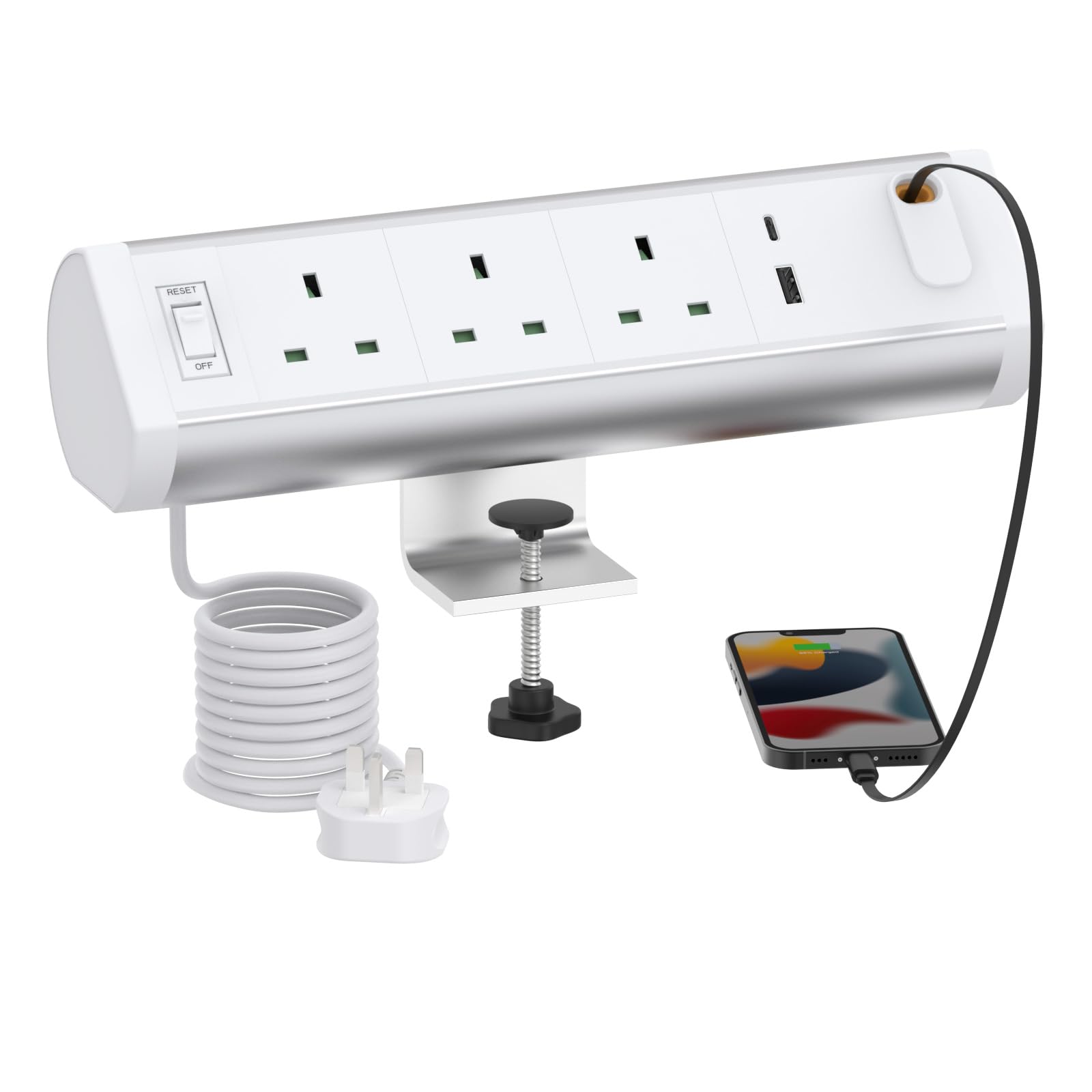 Desk Power Socket with Retractable 20W USB-C, Haylink Aluminium Alloy Desktop Extension Lead with 3 UK Plugs, 3 USB Ports, Switch, 3M Cable, Ideal for Workspace Office Home