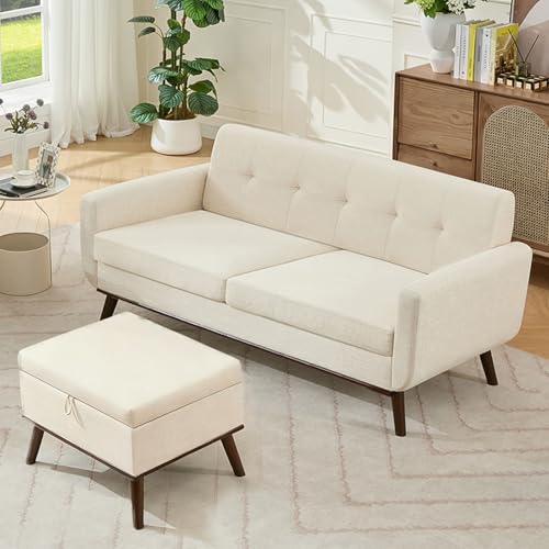 Image of Kingfun Living Room Furniture Sets, Standard & Ottoman, Mid Century Modern Decor Sofa Couches, Button Tufted Upholstered Furniture, Beige | linen fabric