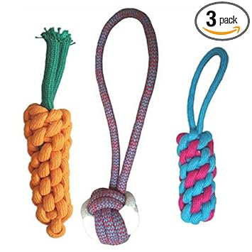 MS Petcare Combo of 3 Durable Pet Teeth Cleaning Chewing Biting Knotted Puppy Toys -100% Natural & Safe Cotton (Color May Vary)