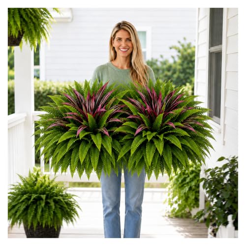 UV Resistant Artificial Fern & Red Dracaena Decorative Plants Large Faux Boston Ferns for Outdoor Planter Realistic Greenery for Hanging Baskets Front Porch Patio Garden Indoor Home Decor