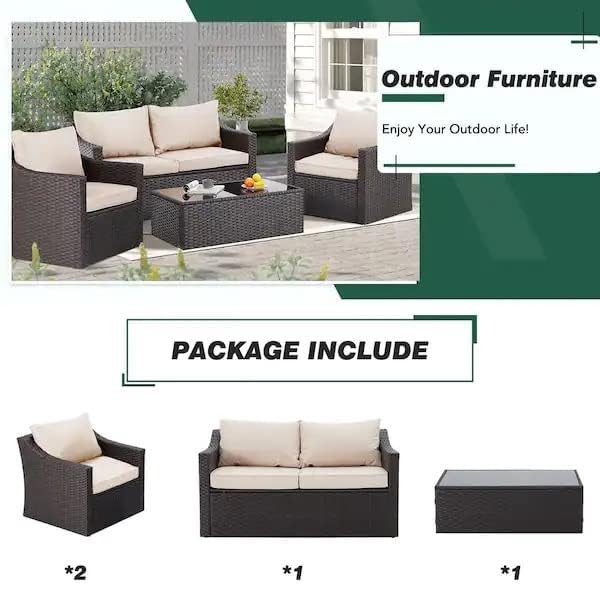 Image of Amazon Brand - Solimo Solara Outdoor Rattan Wicker 4 Seater Sofa Set with Cushions & Center Table | Conversation Set Patio Furniture Sectional for Balcony Garden, Backyard, Lawn, Poolside (Dark Brown)
